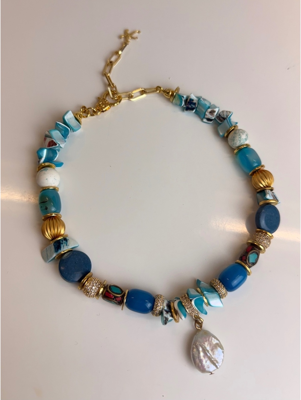 Handmade Natural Stone Statement Necklace with Pearl Drop Gold Tone Boho Luxe